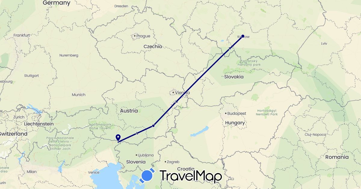 TravelMap itinerary: driving in Austria, Italy, Poland (Europe)